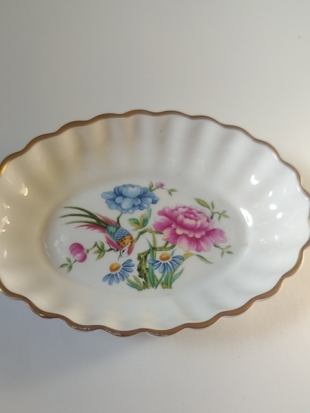 Spode Small White Scalloped Dish with Pink & Blue Floral and Bird Motif